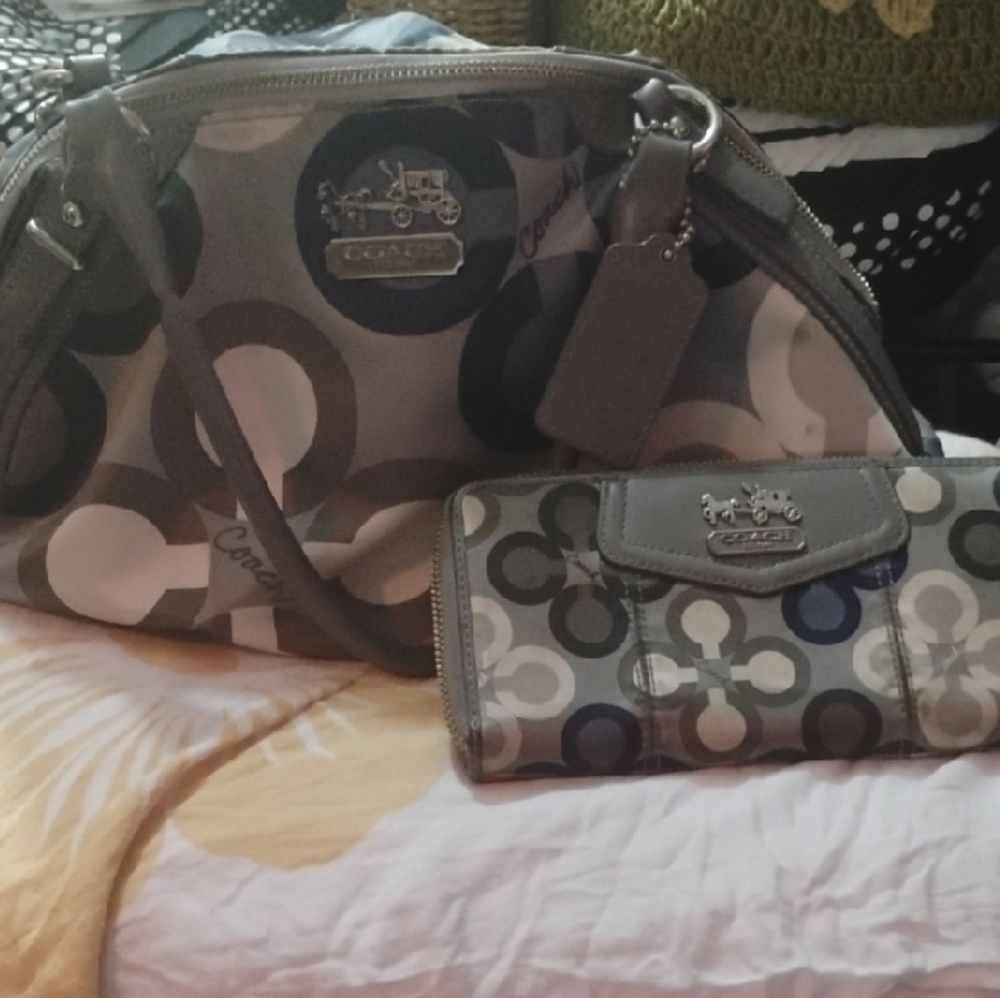 Coach Gray and Black Patterned Bag and Wallet
